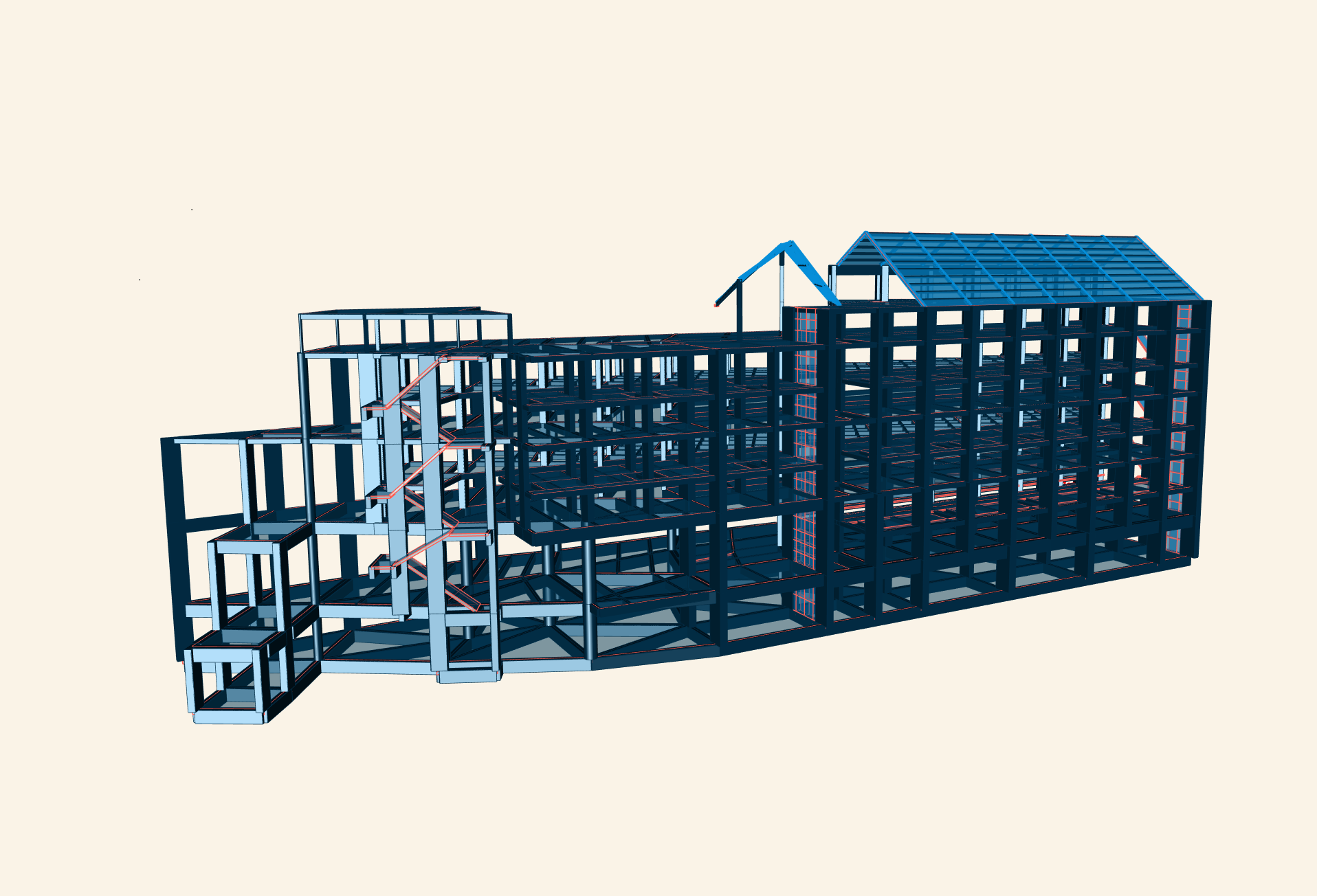Structural engineering ETABS analytical model of four-storey hotel with basement in Badung Bali