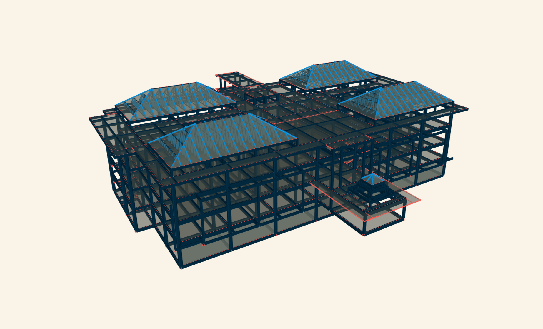 Structural engineering ETABS analytical model of three-storey hospital with basement in Karangasem Bali